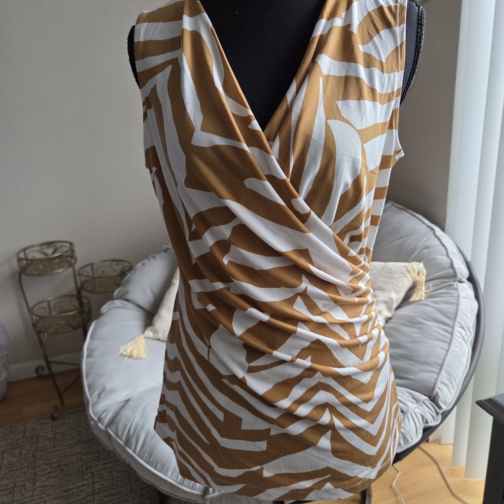 T Tahari Brown and White Wrap Blouse
